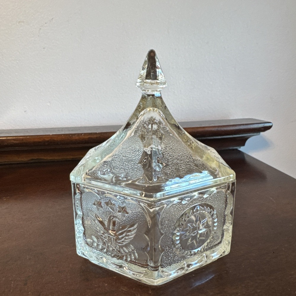 Vintage Indiana Clear Textured Glass Hexagonal Star Pattern Trinket Box With Lid